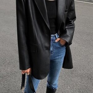 Commense Black Oversized Lapel‎ Pockets faux Leather Blazer xs NWT